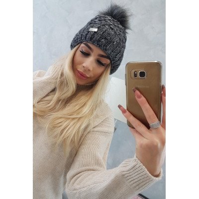 Pilko melanžo ir kreminė kepurė su pūkeliu Milano K203 nuotrauka