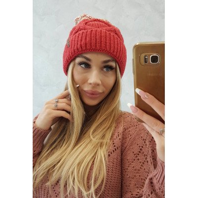Avietinė ir kreminė kepurė su pūkeliu Alice K248 nuotrauka